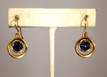 Pair Signed Patricia Locke Gold Tone Rhinestone Pierced Drop Earrings Blue Stones