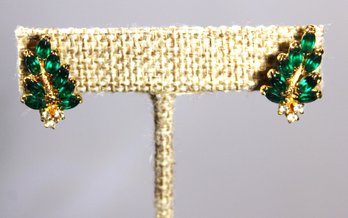 Good Quality Costume Gold Tone Green Stone Pierced Earrings