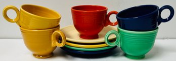 Vintage Lot Of 3 Fiesta Cups & Saucers - Yellow Green Cobalt Blue - Extra Orange & Yellow Cup & Ivory Saucer