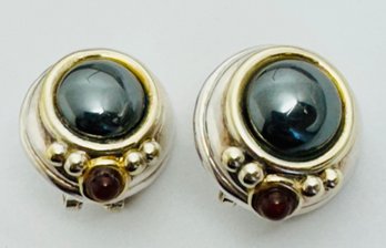 VINTAGE SIGNED BRIAN STERLING SILVER HEMATITE AND CARNELIAN STATEMENT EARRINGS WITH GOLD ACCENTS