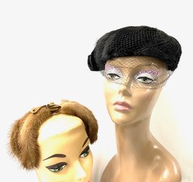 Pairing Of Ladies Fur Head Adornments Black Mourning Wreath & Brown Fur Headband