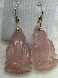 Fantastic Vintage Chinese Carved Rose Quartz Figural Scholar Earrings- Gold-filled Settings