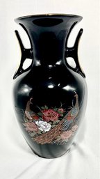 Vintage Japanese Kutani Black Floral 2 Handle Vase W/ Gold Gilt