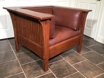 Retail From Stickley $2,530 - Incredible L & JG STICKLEY Slat Arm Prairie / Cube Chair - Brown Leather Seat