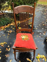 Beautiful Antique Carved Chair With Needlepoint Pillow