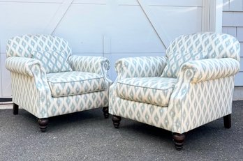 A Pair Of Upholstered Arm Chairs With Classic Bun Feet By Ethan Allen