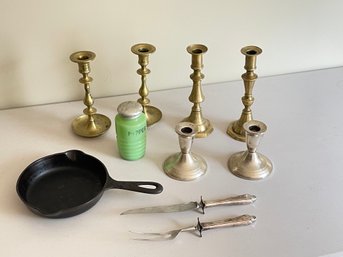 Group Of Antiques Including Sterling Candlesticks, Griswold #3 Skillet, Jadite Pepper Shaker, And More