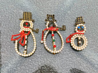 Lot Of 3 Rhinestone Snowmen Brooches