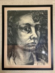 A Large Original Charcoal Drawing  - Portrait Of A Woman - Nicely Framed And Matted - Hillary Mushkin