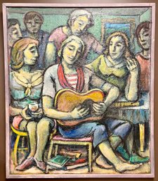 Vintage Mid Century Oil On Canvas Painting - Guitar Player Entertaining Friends - 35.25 X 41 - Books Musician