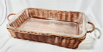 Vintage Glasbake 2.5 Qt. Baking Dish W/ Wicker Basket