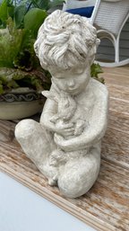 A HENFEATHERS Hand Made Boy With Rabbit Garden Statue