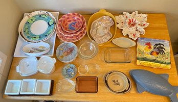 Table Lot Of Serving Ware And Baking Dishes Including Chantal Fish Cooker