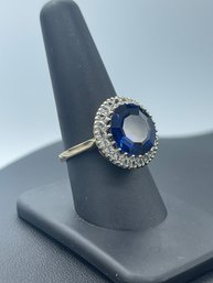 Huge Blue & White Sapphire Cocktail Ring In 10k Yellow Gold