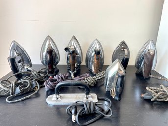 Eight (8) Vintage Irons Including Chevron Fold Up Travel Iron, Proctor Snap Stand Speed Iron & GE Hotpoint