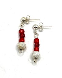 Vintage Sterling Silver Red Beaded Earrings