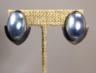 Fine Hand Crafted Mabe Pearl Pierced Earrings In Light Blue