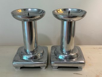 Pair Of Polished Aluminum Candlestick Holders