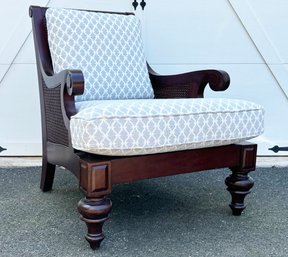 A Plantation Style Cane Back Chair By Ethan Allen, Custom Cushions By Lillian August (Matches Ottoman In Sale)