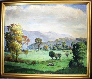 Antique Oil Painting On Canvas Landscape With Pasture