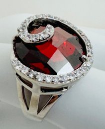 GORGEOUS FACETED RUBY AND WHITE TOPAZ STERLING SILVER RING