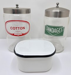 Vintage Profex Glass Bandages Jar,  Pyrex Cotton Jar & Small Enamel Box, All With Lids