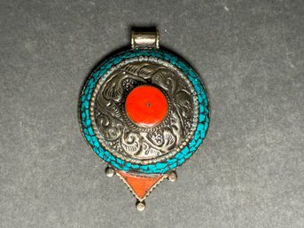 Stunning Vintage Turquoise & Coral Tibetan Silver Pendant