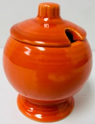 Vintage Orange Red Fiesta Ware - Mustard Jar Lidded Pot - 3.25 Inches H X 2.25 Inches In Diameter