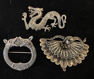 Trio Of Sterling Pins A Signed David- Anderson Brooch  From  Norway, Plus A Peacock And  Dragon