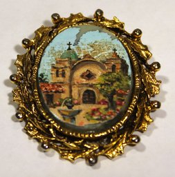 Vintage Painting On Marble Of A Church Brooch In Gold Tone Frame