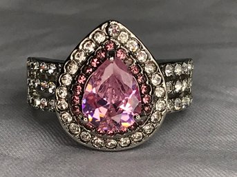 Fabulous 925 / Sterling Silver Ring With Pink Tourmaline & Three Rows Of Channel Set White Zircons - Wow !