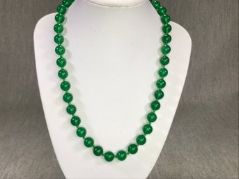 Wonderful Jade Bead Necklace With Silver Clasp - Hand Strung On Green Silk Cord - Very Pretty Necklace !