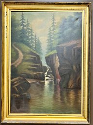Large Antique Oil On Canvas Painting - T Bailey - Mountain Stream Waterfall Pine Trees - Frame 31.25 X 42.5