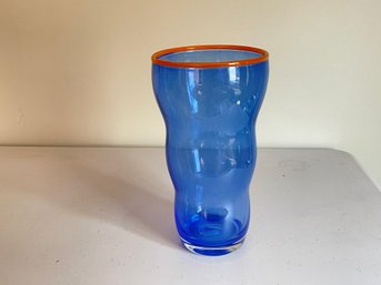 Large Blue Hand Blown Glass Vase With Orange Boarder