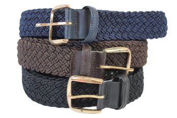 Three Vintage Woven Stretch Belts-Navy Black And Brown-Salesman Samples-Size 32 To 38