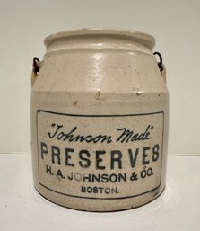 Vintage Johnson Made Preserves Crock From HA Johnson & Co Boston