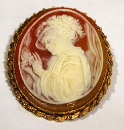 Vintage 1960s Faux Cameo Of A Woman In A Hat Gold Tone Frame