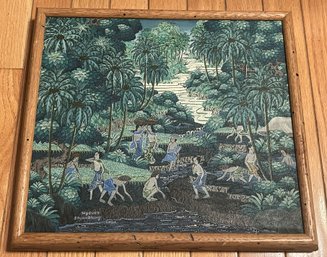 Vintage Signed Balinese Painting Of Villagers In Jungle