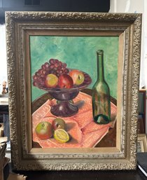 Beautiful Painting On Canvas With Fruits Bowl, Side Fruits & Bottle In A Designed Frame. PD - WA-C