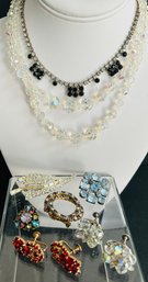Lot Of Vintage Crystal & Rhinestone Costume Jewelry : 4 Pins/brooches, AB Necklace Earring Set, More