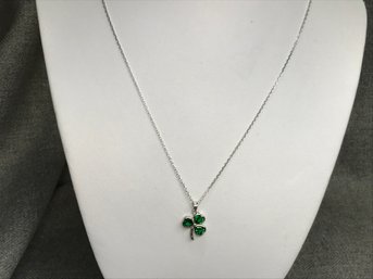 Lovely 925 / Sterling Silver Necklace With Emerald Shamrock / Clover Pendant On 18' Sterling Silver Chain