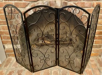 Black Metal 4 Panel Folding Fire Screen & Tool Set