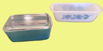 Glassbake? Blue Thistle Loaf Pan & Pyrex Blue 502 With 502C Lid Refrigerator Dish