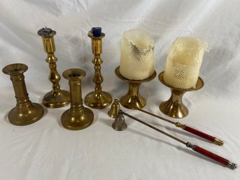 3 Sets Of Brass Candlestick And Pillar Candle Holders Brass And Silver With Wood Handle Snuffer