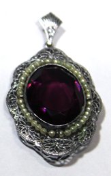 Edwardian Silver Filigree Pendant Having Large Amethyst Stone Seed Pearls