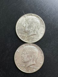 2 Forty Percent Silver Kennedy Half Dollars 1966, 1969-D