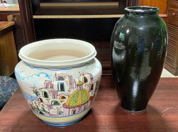 Large Terra Cotta Pot Signed & Tall Black Heavy Vase