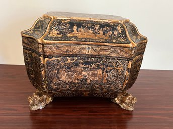 Asian Gold & Black Cartouche-Form Centerpiece Box With Figural Feet