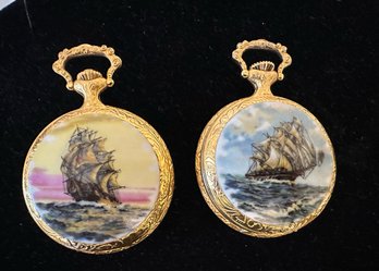 Pair Of Pocket Watches With Painted Enamel Ships