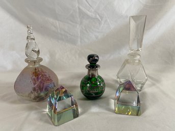 Assorted Purfume Glass Bottles Green Montreal With Sterling Silver Overlay, Swarovski? Rainbow Pyramid